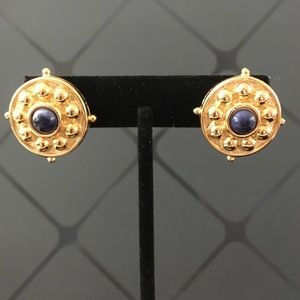 Gold Pierced Nautical Earrings -Navy/Black stones